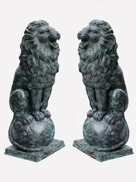Lion on Ball Bronze Pair Sculptures Roaring Statue Large Statuary Artwork